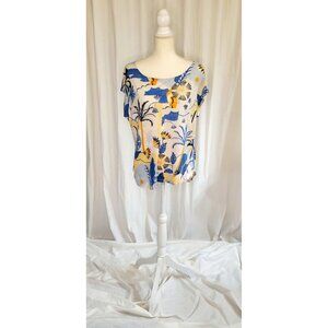 Nicole Miller New York 100% Linen Tropical Print Sz Large Resortwear Top Vaca